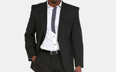 Model wearing men's black jacket full suit