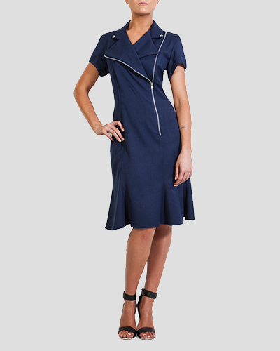 Model wearing women's navy zip dress