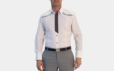 Model wearing men's white grey stripe shirt